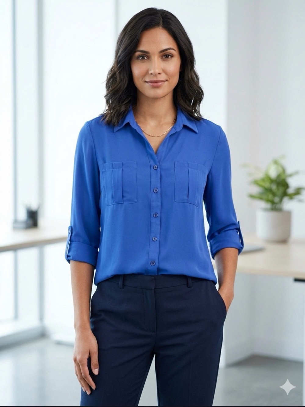 Mine Women’s Royal Blue Flowy Sheer Collared Button-Up Long Sleeve Blouse Size L